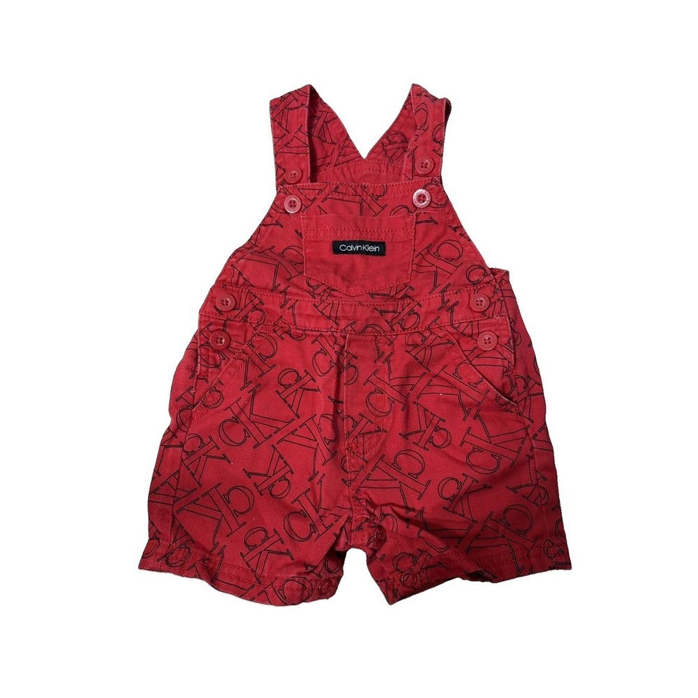 Calvin Klein Infants Red Denim Shortalls All Over CK Logos - Size 3/6M